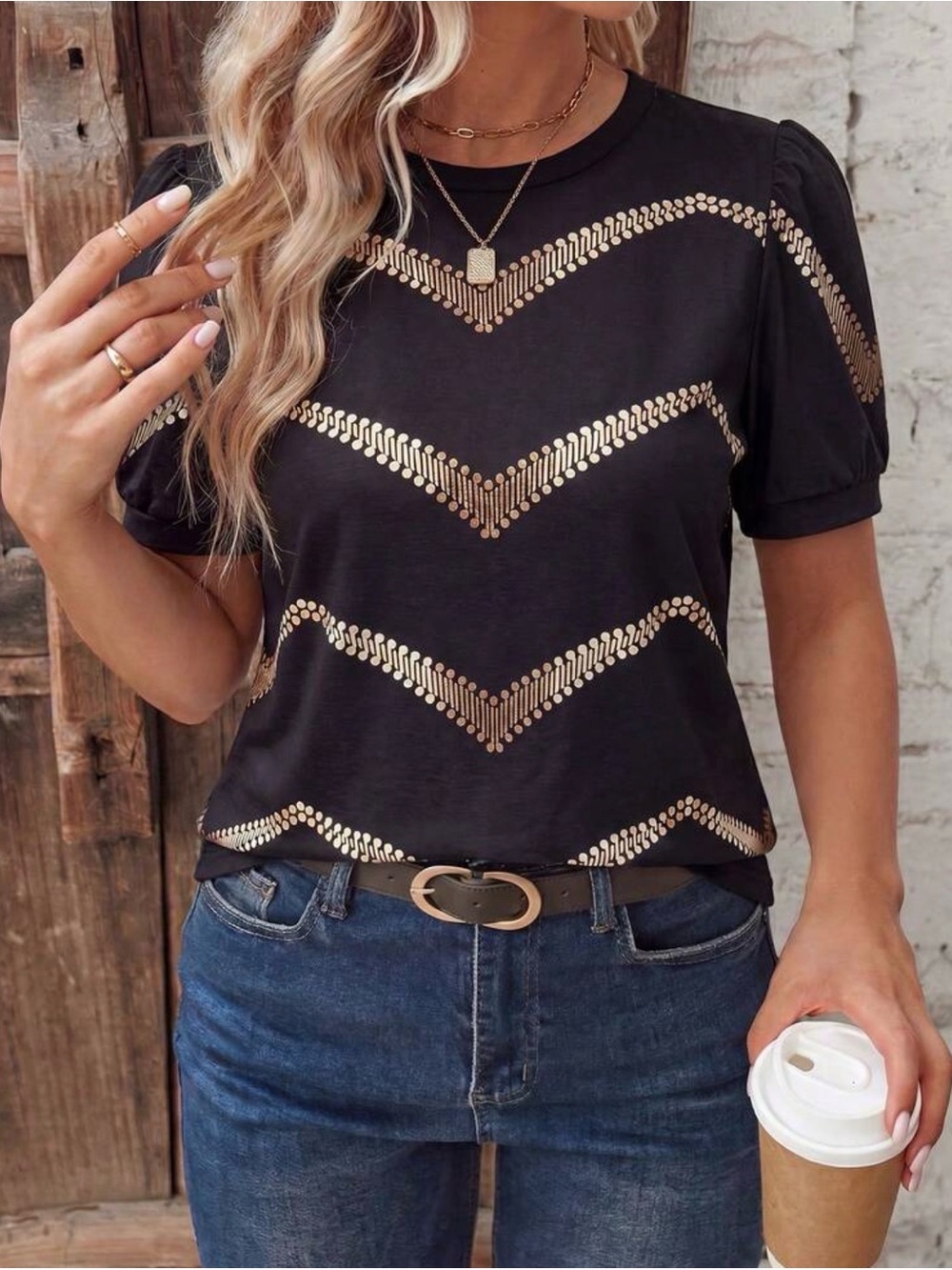 SHEIN Black Short Sleeve Top with Gold Chevron Foil